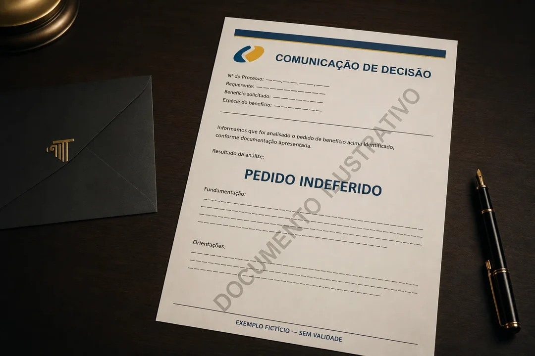 Carta fictícia de comunicação de decisão com pedido indeferido, marcada como documento ilustrativo